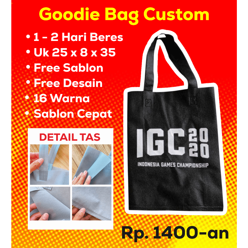 

Tas Spunbond Custom Goodie Bag Sablon Free Desain bisa Revisi
