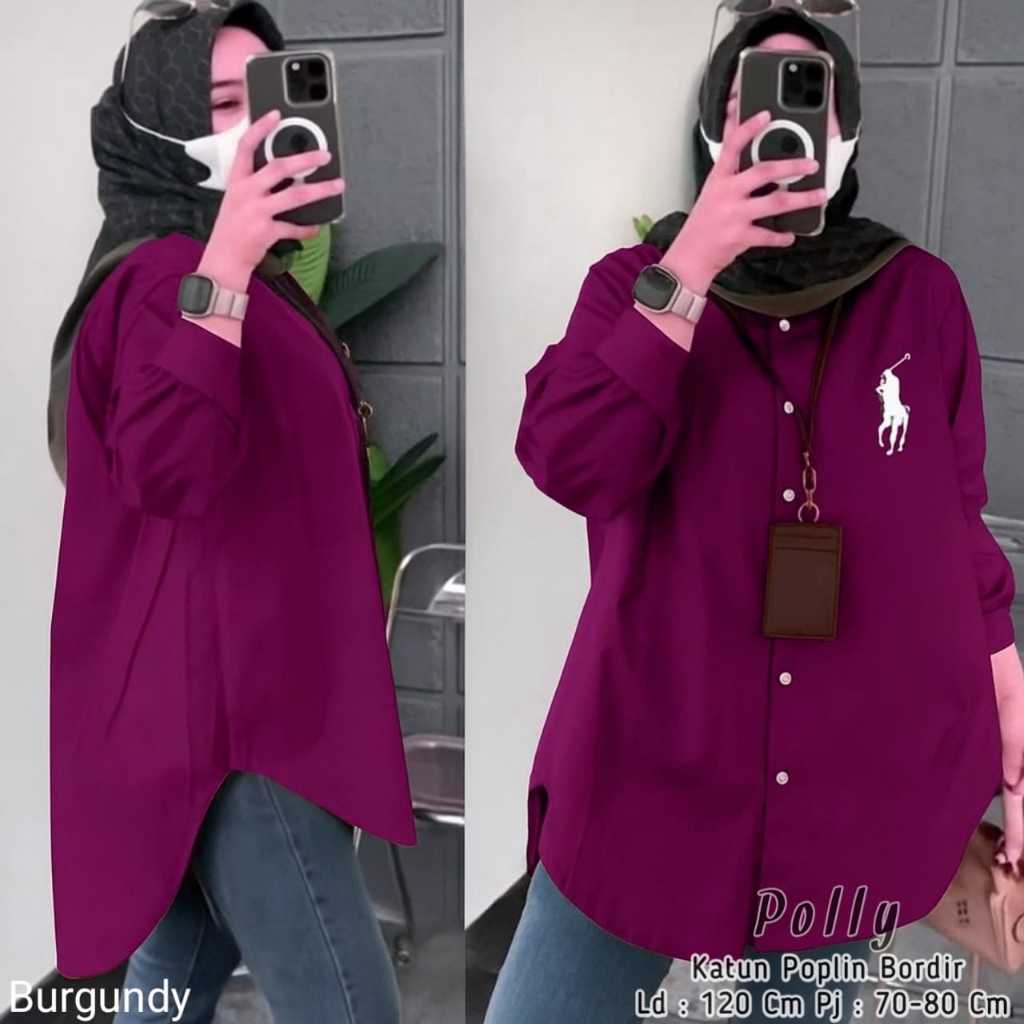 Kemeja Wanita Oversize Merah Putih Aplikasi Bordir Bahan Katun Lengan Panjang