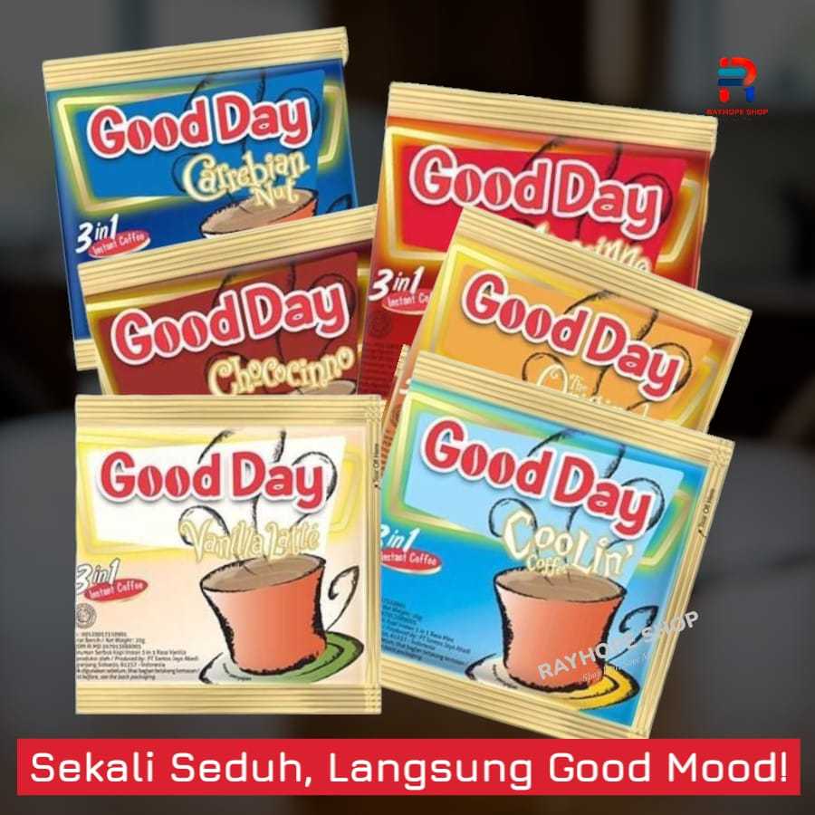 

PROMO KOPI Goodday Good Day Instan Instant Kemasan Bag Renceng isi 10 Sachet Saset Murah Termurah Rasa Moccacino Vanilla Latte Carrebian Nut Coolin Original Chococino Horeca Horeka Starling Warkop Usaha Kekinian Viral Ide Jualan UMKM Warung Toko Hampers
