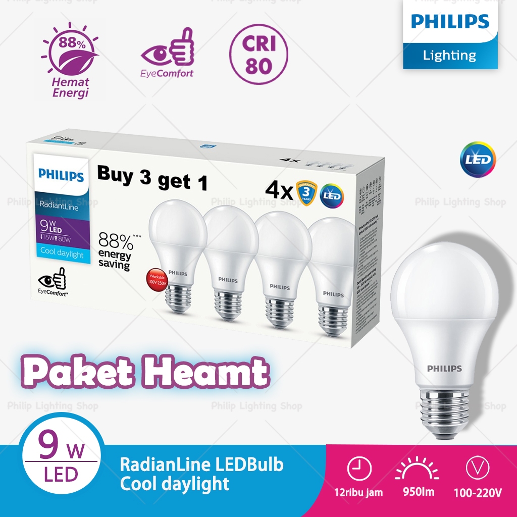 Beli 3 Gratis 1 Philips Lampu LED 9W 4Pcs - lighting RadiantLine Multipack LEDBulb 6500K Putih 5W 7W