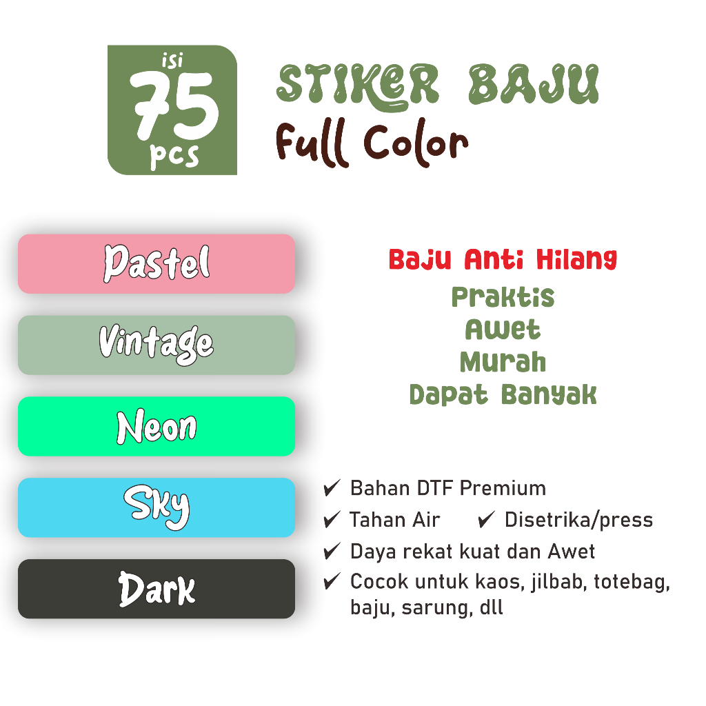 

Sticker Label Nama Kain Baju 75 Pcs Kaos Sablon Setrika DTF Iron Custom Tulisan Contour Tebal