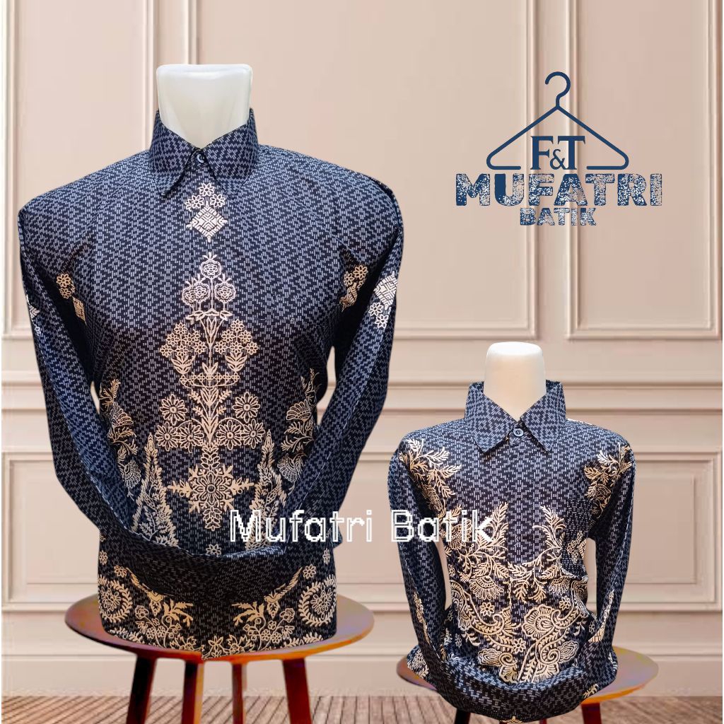 Kemeja batik hitam abu abu batik couple ayah dan anak bahan katun lapis furing premium lengan panjan
