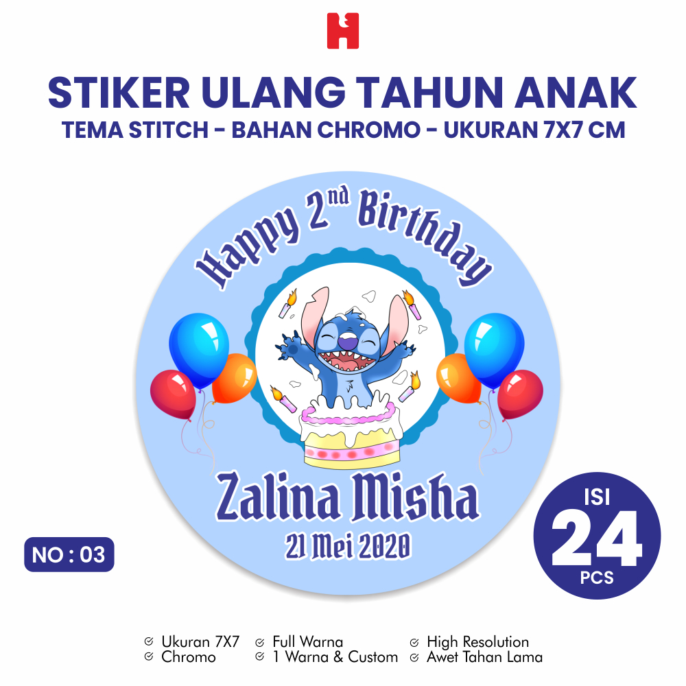 

Stiker Ulang Tahun Anak Tema Stitch Ukuran 7x7 CM Bulat - Isi 24 Pcs