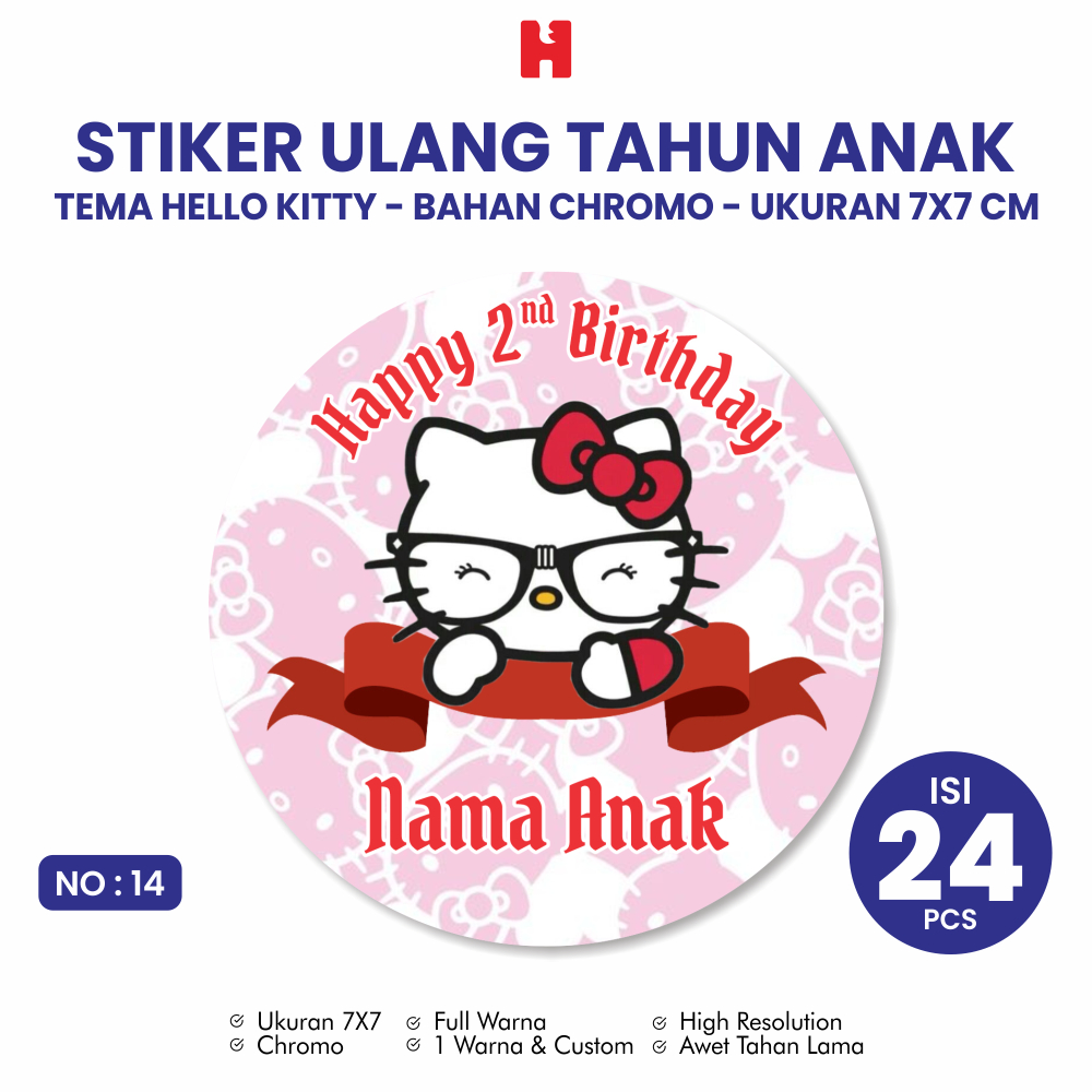 

Stiker Ulang Tahun Anak Tema Hello Kitty Ukuran 7x7 CM Bulat - Isi 24 Pcs