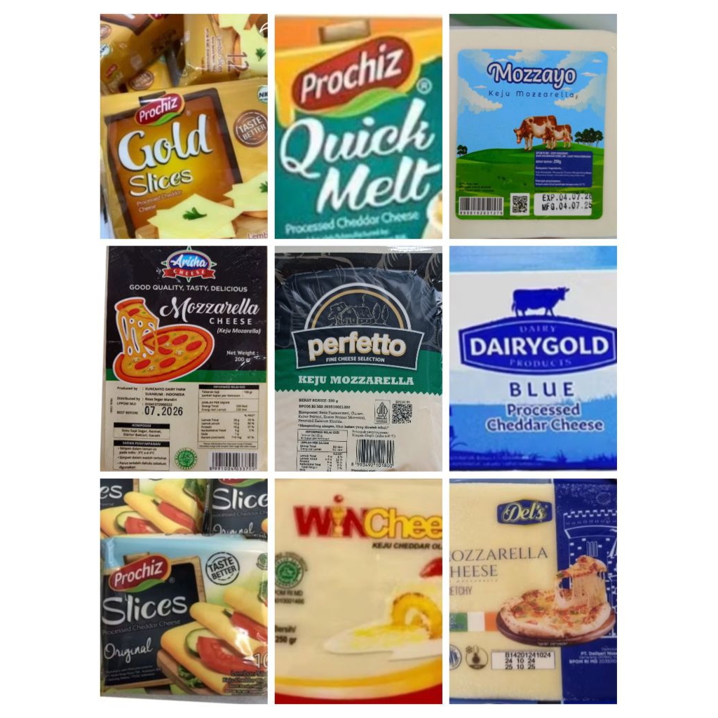 

Prochiz Quick Melt 160gr | Keju Mozzarella Perfetto 250gr | Mozzarella Cheese Arisha 200gr | Mozzarella Mozzayo 250gr |Del's Mozzarella Cheese 250gr | Cheddar Wincheez 250gr | Prochiz Slice Original 10s | Gold Slices 156gr|Dairy Gold Blue Cheddar 480gr