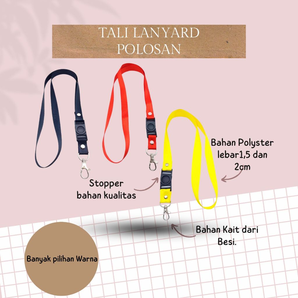 

Tali lanyard polosan banyak pilihan warna tersedia 2 ukuran