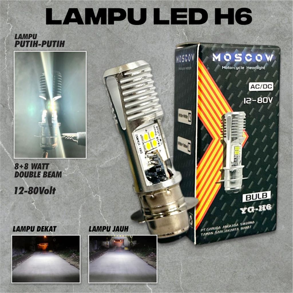 LAMPU UTAMA MOTOR 8 MATA LED PUTIH H6 2 SISI AC DC LAMPU JAUH DEKAT UNIVERSAL YG-H6 ORIGINAL MOSCOW 