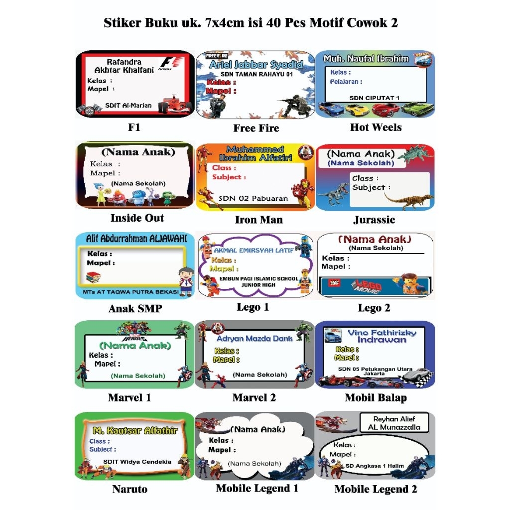 Stiker buku Motif Cowok 2 uk.7x4/Label Buku/Stiker Nama Buku/Label Nama Buku/Stiker Mapel untuk Anak