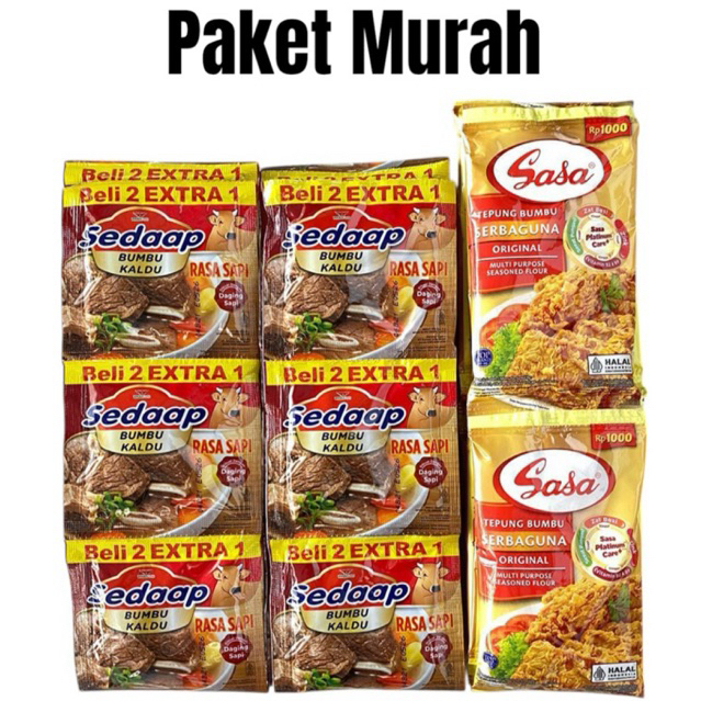 

10 sachet Tepung Bumbu Sasa Serbaguna + 36 sachet/ 2 renceng Sedaap Bumbu Kaldu