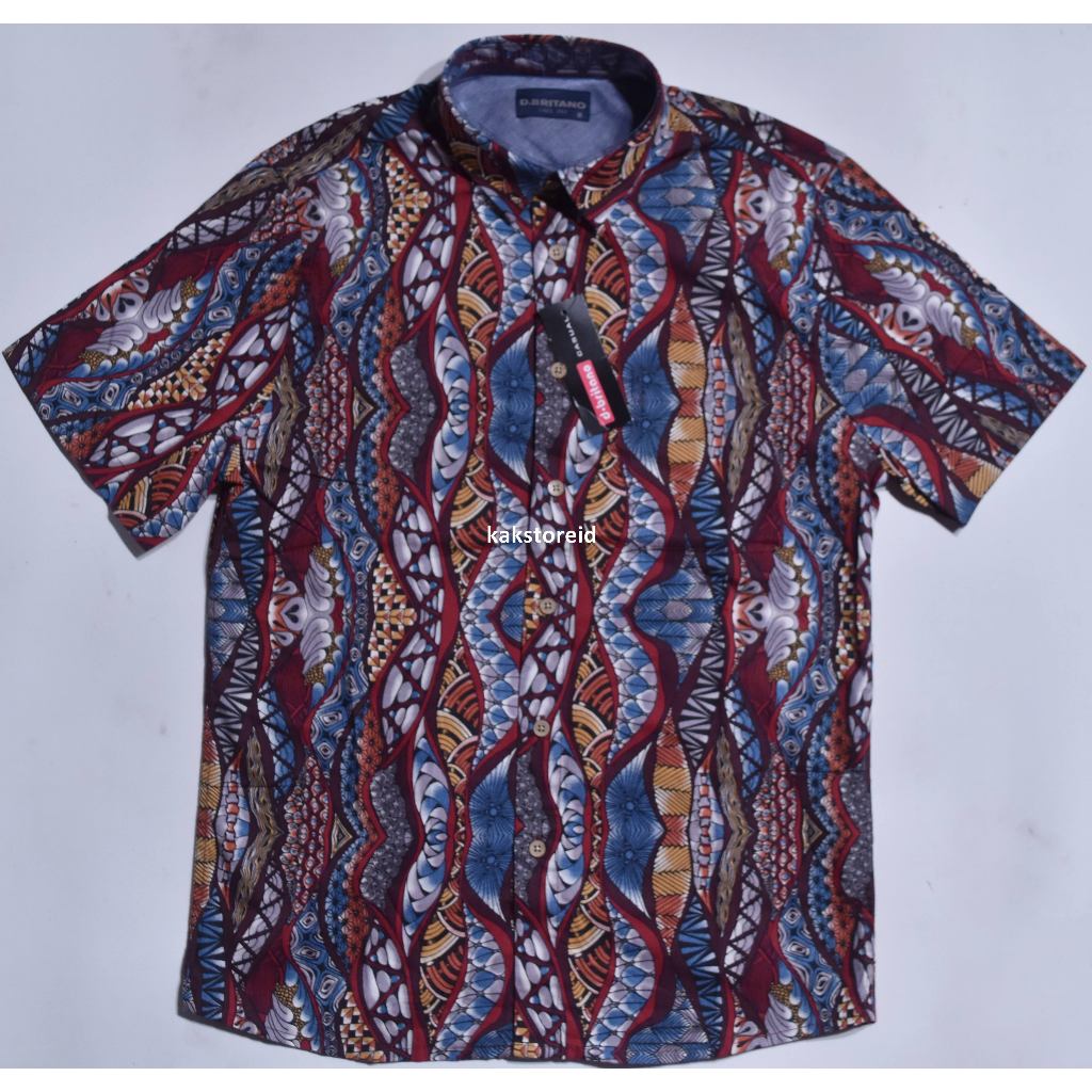 Kemeja Batik Etnik Merah Biru Pria D.BRITANO Baju Etnik Lengan Pendek Bahan Katun Lembut KDB 03