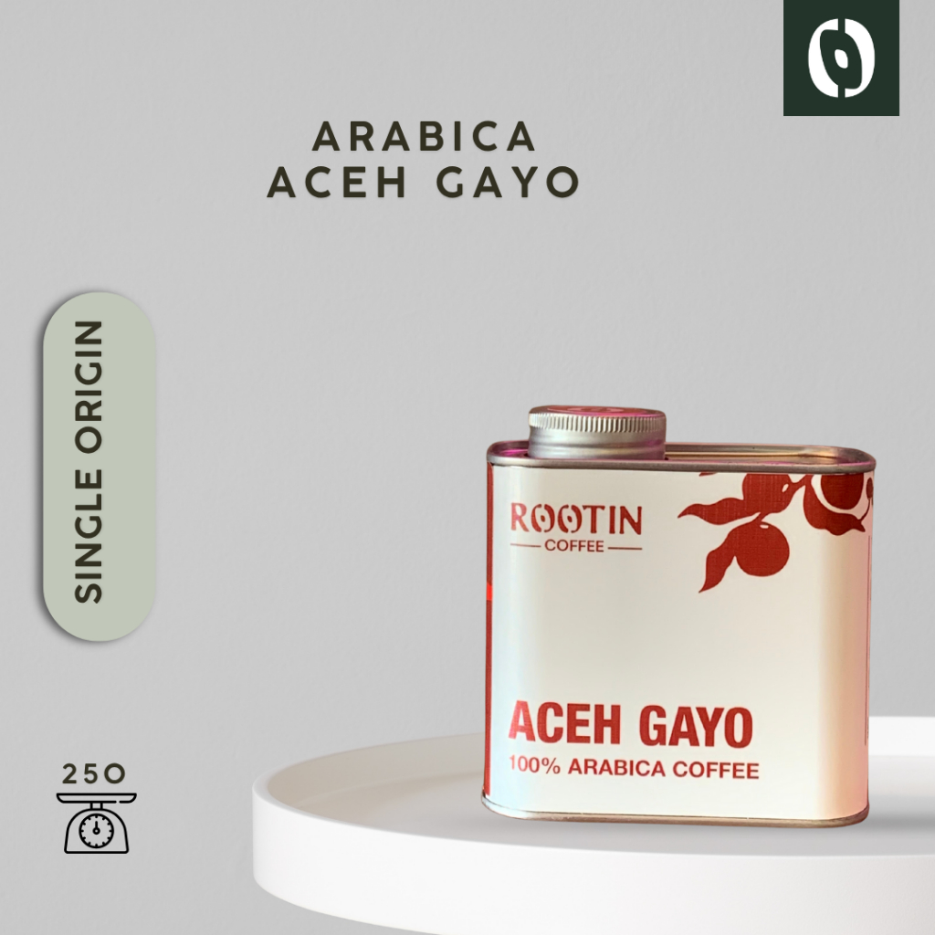 

Rootin Coffee Aceh Gayo Single Origin Arabika Roasted Beans Biji dan Bubuk Kopi / Tin 250 Gram