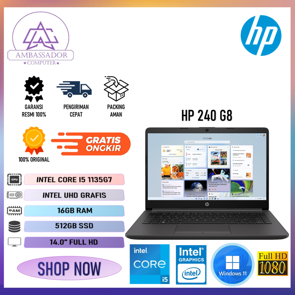 Hp 240 G8 Intel I5 1135G7 Ram 16Gb 512 Ssd Layar 14.0" FULL HD | laptop Murah