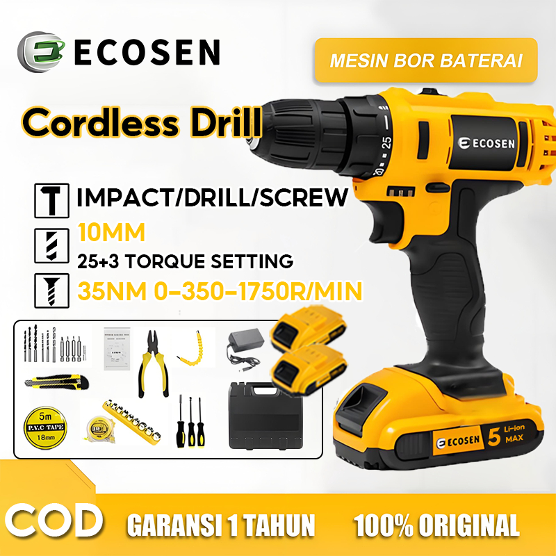 ECOSEN Mesin Bor Baterai Bor listrik set lengkap Bor impact baterai Tangan Cordless Drill Battery
