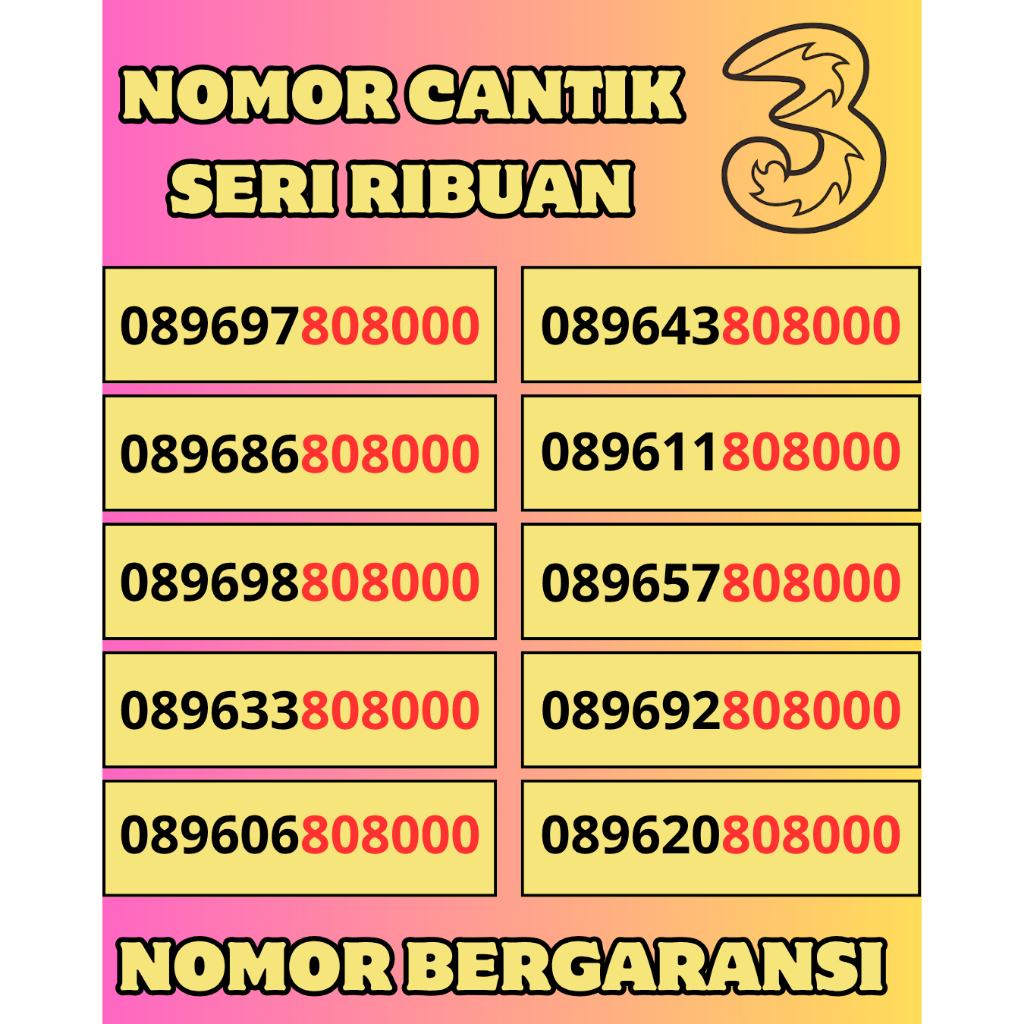 Nomor Cantik Tri Seri Ribuan Rapi Termurah Kartu Perdana Cantik