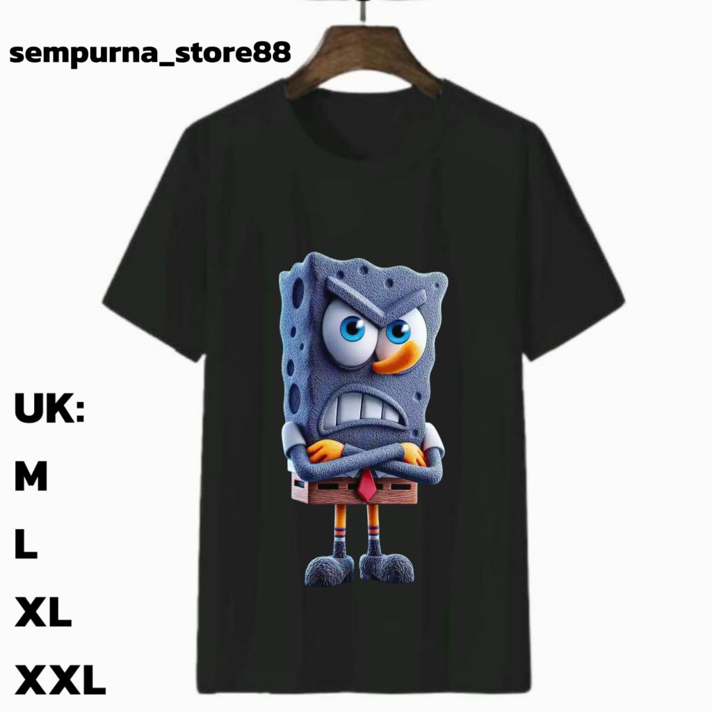 Distro atasan cowok/cewek/oblong cowok/motif spongebob/kaos warna hitam putih/baju cowok dewasa/kaos