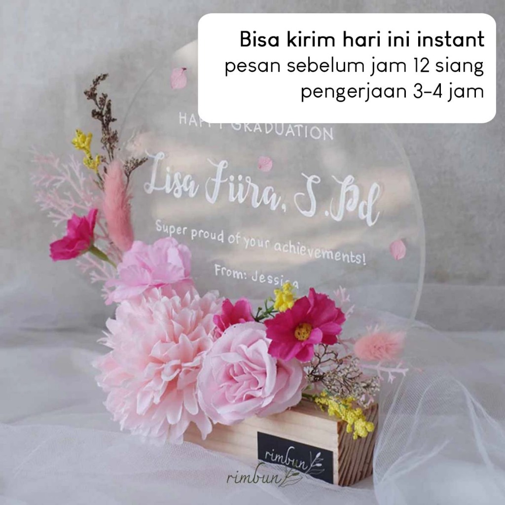 Promo Sakura 17 cm Bunga Artificial in Acrylic Round - Buket Bunga Kering Custom Tulisan di Akrilik