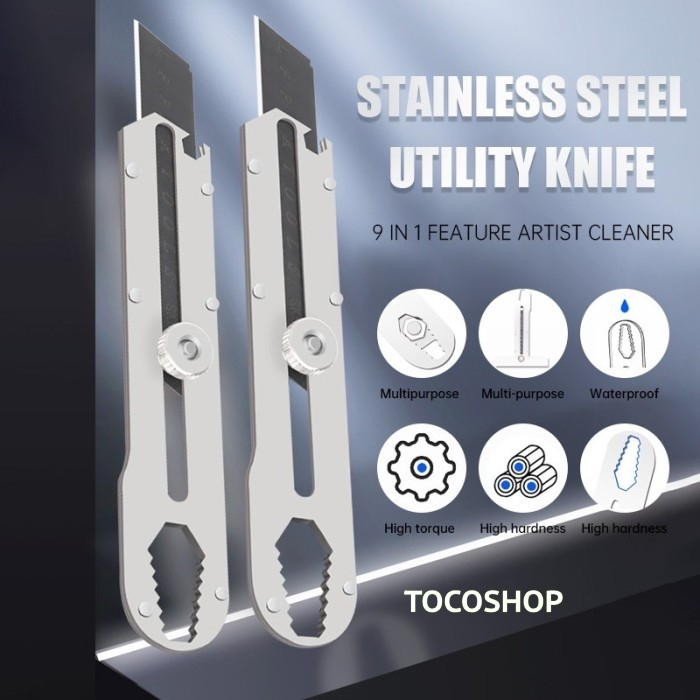 

TOCOSHOP Pisau Cutter 9IN1 Stainless Steel Dengan Pengukur Pembuka Botol Obeng Baut Skrup Multifungsi