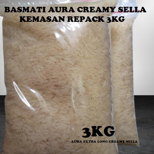 

Beras basmati AURA Extra Long Creamy Sella Kemasan Repack 3kg Best Quality