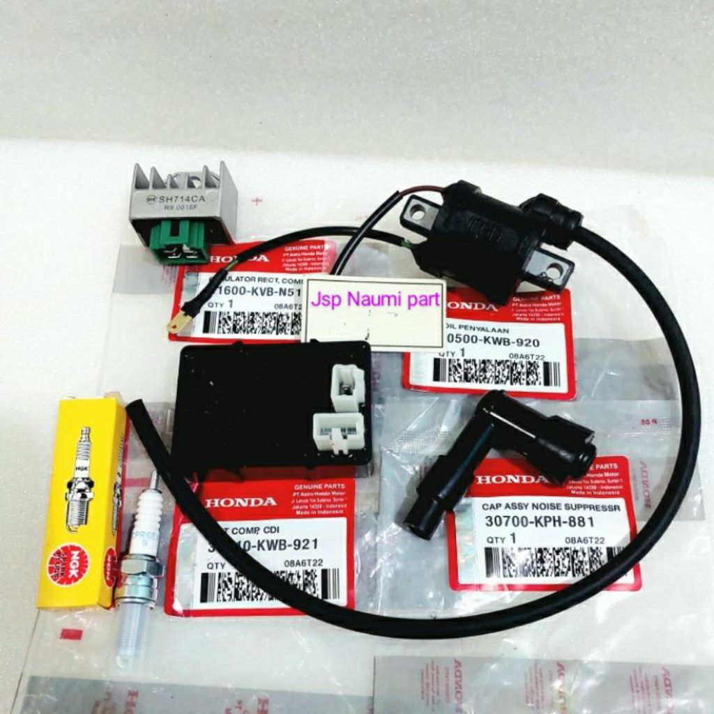 paket pengapian revo 4 aitem CDI + tutup busi+ kiprok+ busi+ koil Honda Revo absolute Blade asli KWB