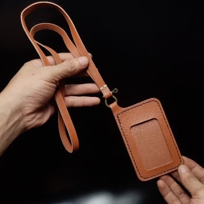 

brown tan leather pull up id card handmade plus lanyard