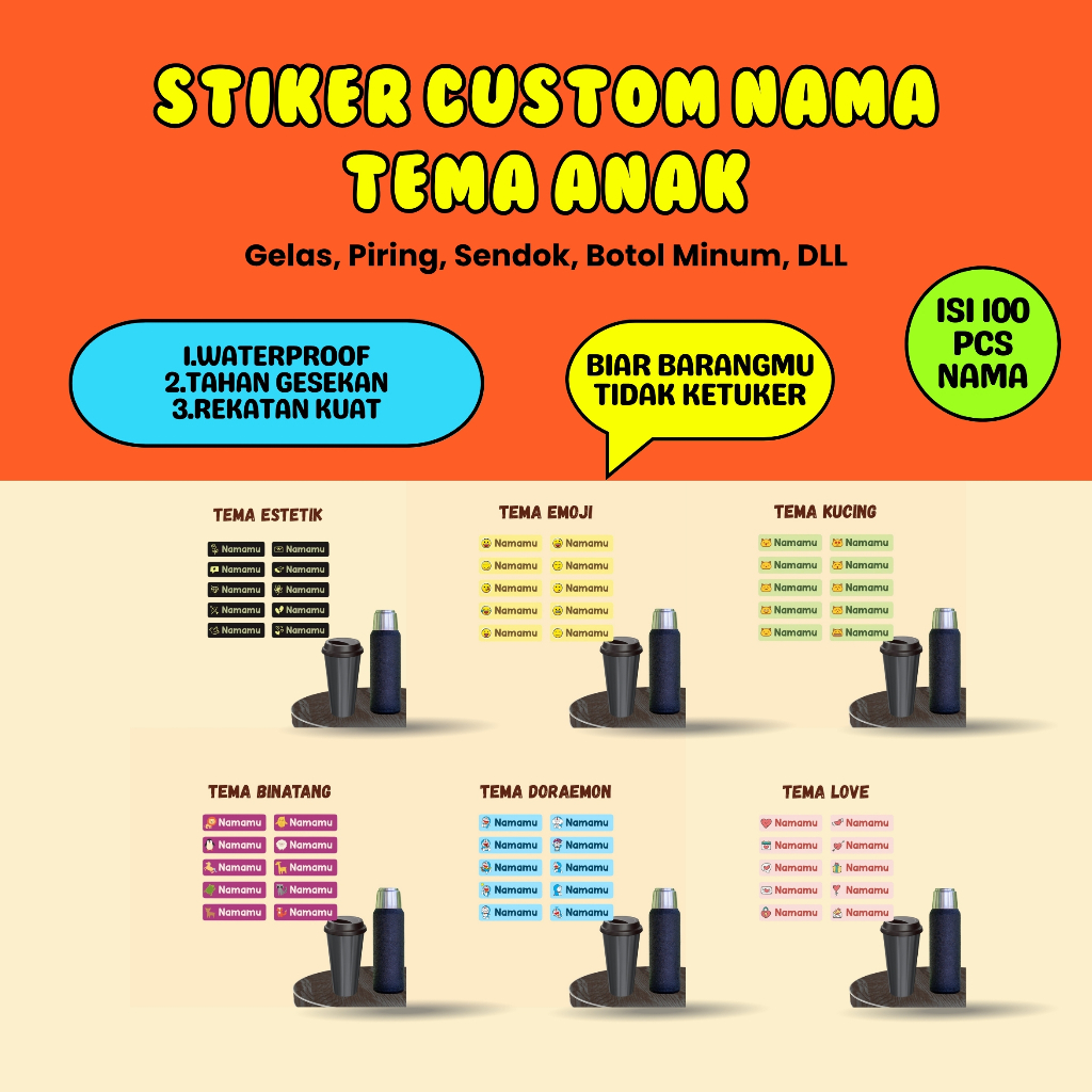 

100Pcs Sticker Custom Nama Piring Sendok Botol Barang Perabotan Stiker Ajaib Waterproof Timbul Label
