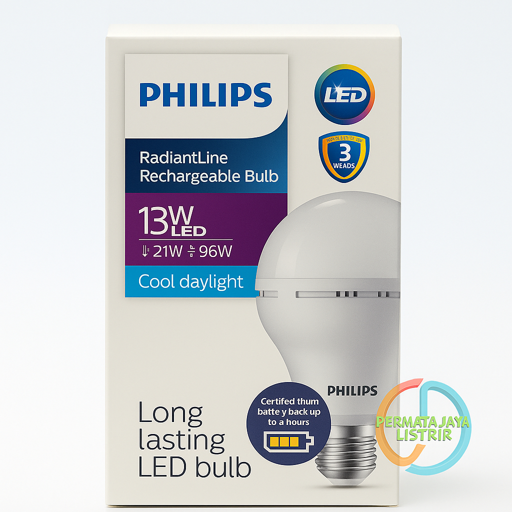Lampu Emergency Philips 13 Watt 13W LED –Nyala Otomatis Saat Listrik Padam Hemat Energi, Terang Awet