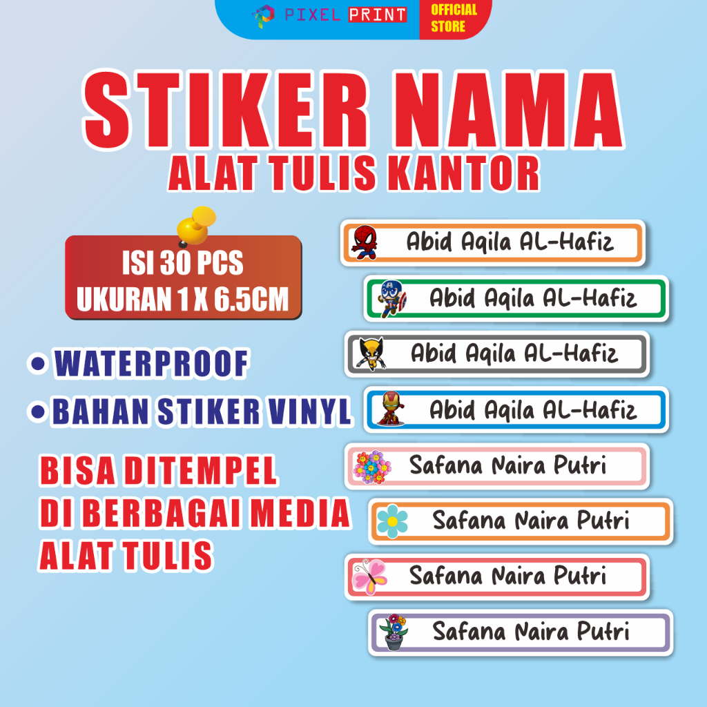 

PIXEL PRINT - Stiker Nama Alat Tulis / Stiker custom nama anak / Stiker untuk ATK / Label nama custom / Waterproof ( isi30pcs )