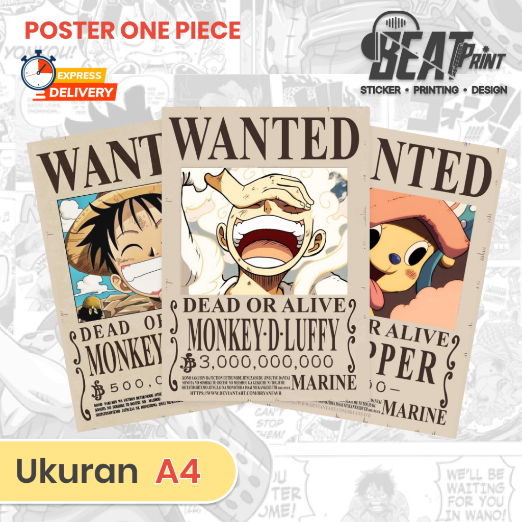 Poster Bounty ONE PIECE | Mugiwara Luffy | Stiker Anime | Stiker Bendera One Piece | Beat Print