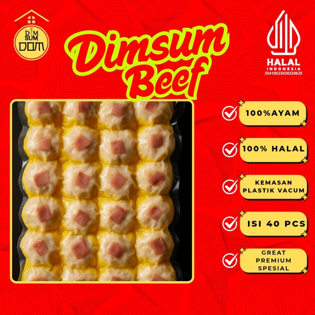 

Dimsum Dom Dimsum Varian Beef Full Ayam 100% Halal, Kemasan Plastik Vacum isi 40 pcs Great Premium Spesial