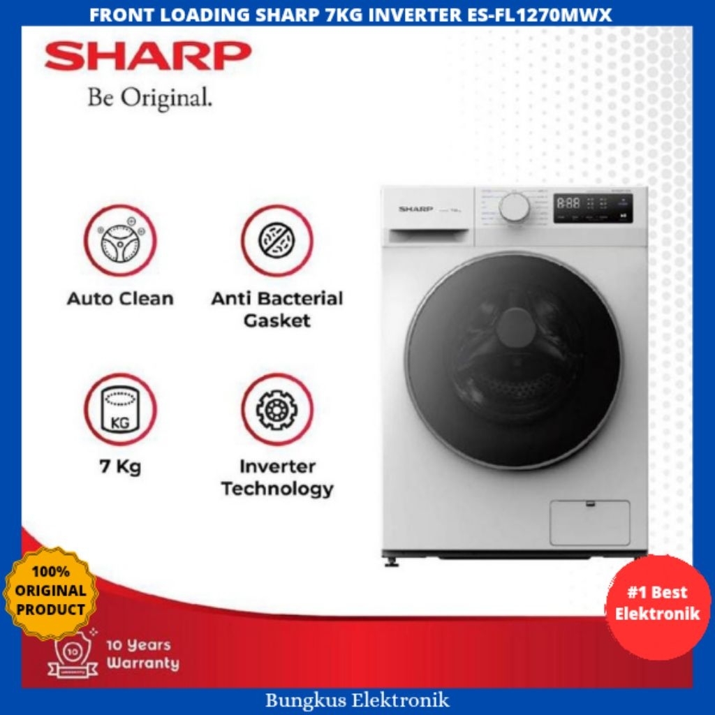 MESIN CUCI FRONT LOADING SHARP INVERTER 7KG ES-FL1270MWX FRONT LOADING INVERTER SHARP 7KG