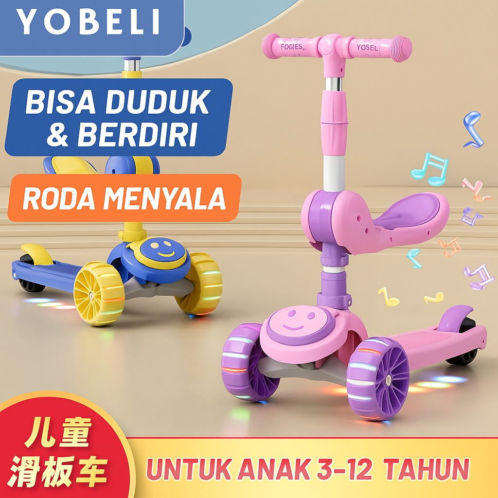 Scooter Anak 3 Roda Lipat 2 in 1 Bisa Duduk & Berdiri Dengan Roda Lampu Dan Rem Untuk Anak 3-12Tahun