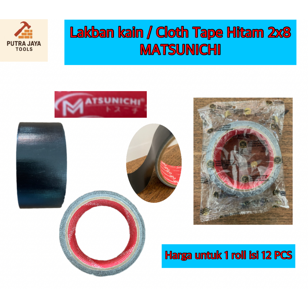 

2x8 Lakban Kain / Cloth Tape Hitam MATSUNICHI PER 1 ROLL ISI 12 PCS