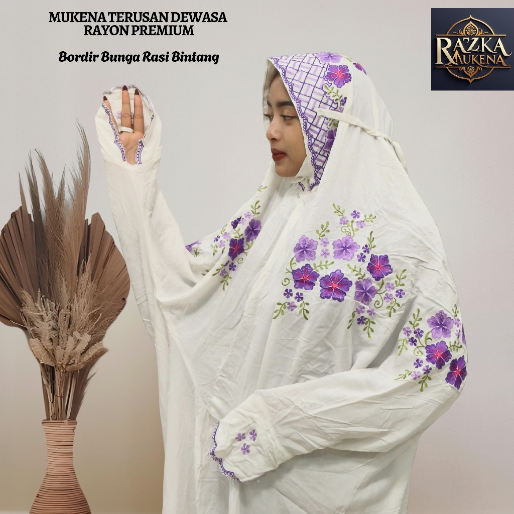 Mukena Terusan Dewasa Bahan Rayon Kain Dasar Warna Putih BW Motif Bordir Bunga Rasi Bintang Indah