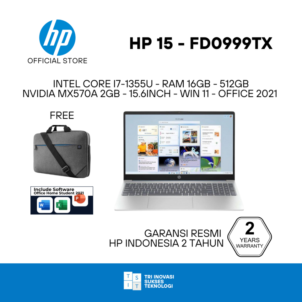 Laptop HP 15 Intel Core i7 1355U Ram 16GB 512GB Nvidia MX570A 2GB Windows 11 Office 2021 ( FD0888TX 
