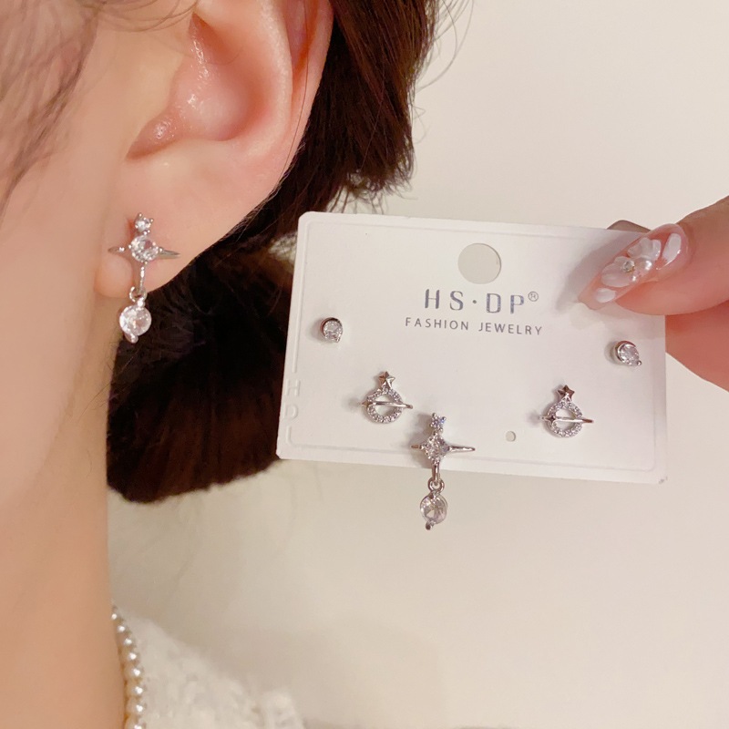 Auravibe Jewelry - S925 Jarum Perak Anting-Anting Set Tiga Potong Planet Zirkon Beraspal Mikro Antin