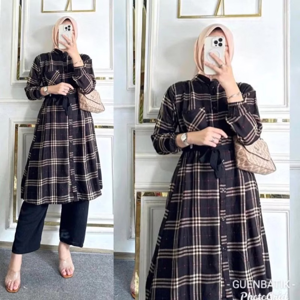 Setelan Tunik Wanita Motif Kotak Terbaru kekinian // Ratri Set Long Tunik