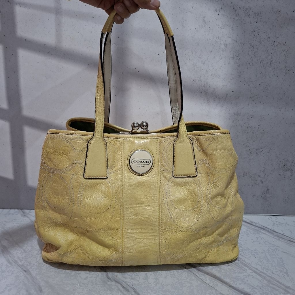 Tas Preloved Tote Shoulder Behel Kulit Stitched Pattern Vintage