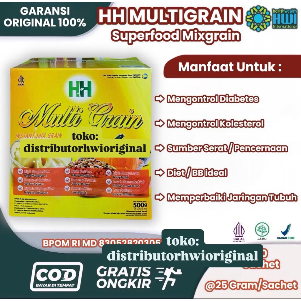 

hh multigrain hwi original 100% / hh multigrain hwi original / hh multigrain hwi / hh multigrain hwi original ready stock / hh multigrain hwi 500gram isi 20 sachet