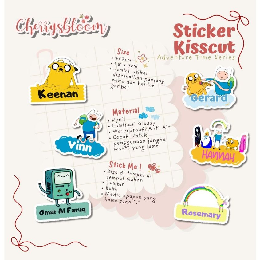 

Stiker Kiss Cut ADVENTURE TIME Stiker Label Nama Waterproof Tahan Air