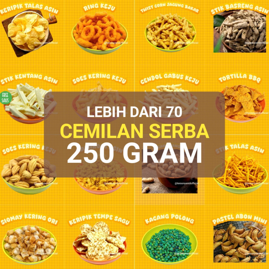 

TERLARIS SNACK SERBA 250 GRAM CEMILAN CAMILAN KEKINIAN PEDAS MANIS ASIN GURIH JAJANAN JADUL VIRAL