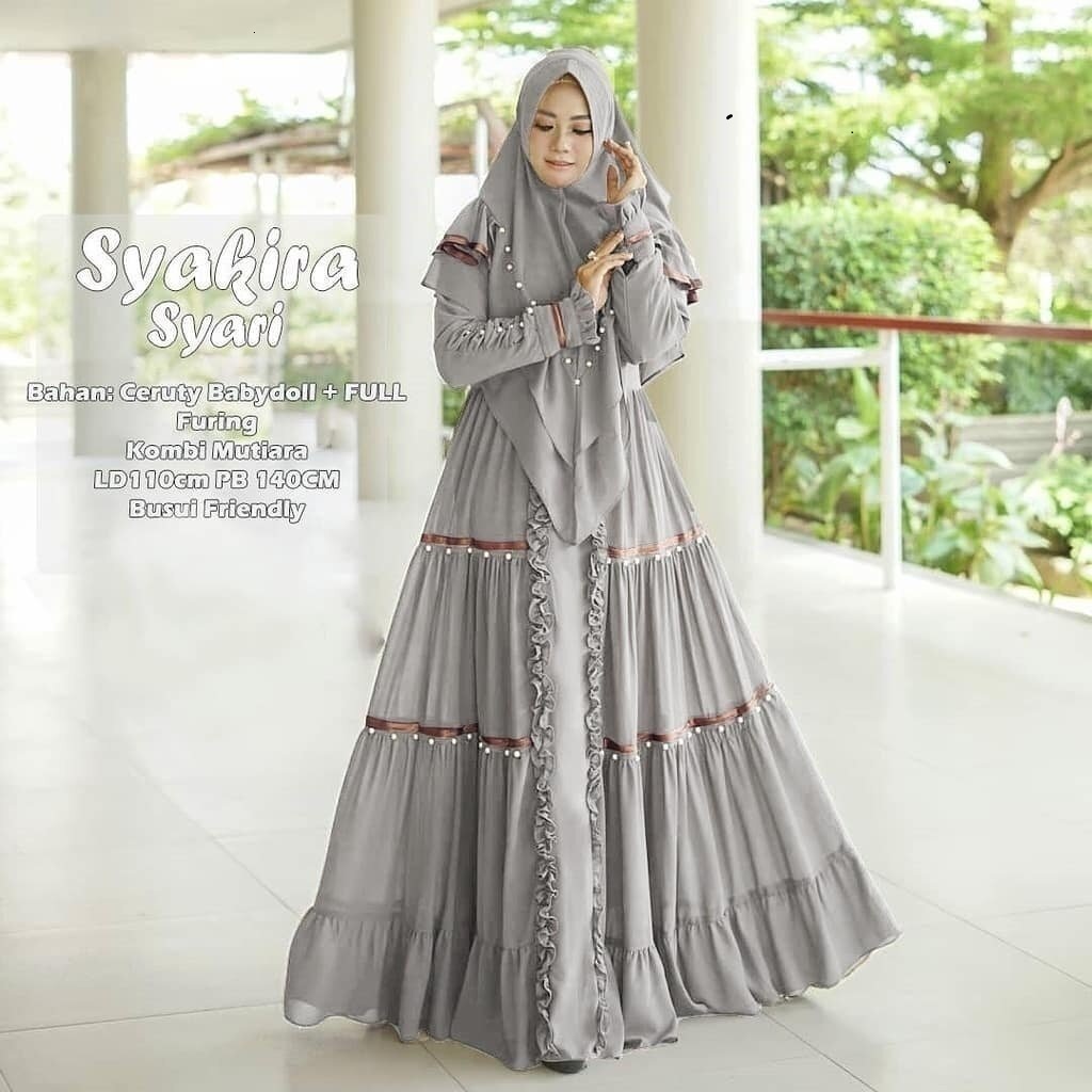 Baju Pengajian Syakira Set Syari Plus Hijab Bahan Ceruty Babydoll Full Furing Desain Bertingkat Hias