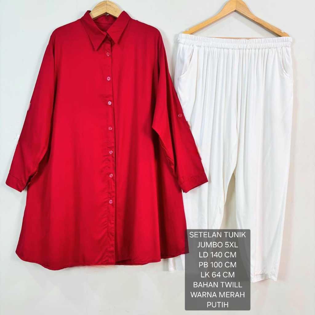 Setelan Tunik Jumbo Ld 140 Cm Warna Merah Putih Model Polos Kekinian - Anaya Set Bigsize