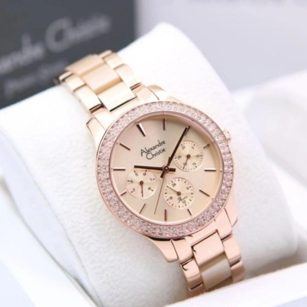 JAM TANGAN WANITA ORIGINAL ALEXANDRE CHRISTIE AC2914BF ROSEGOLD  CREAM STAINLESS STEELu