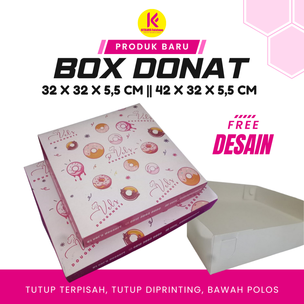 

(FREE DESAIN) BOX CUSTOM DONAT 32x32x5,5 dan 42x32x5,5 TUTUP PISAH