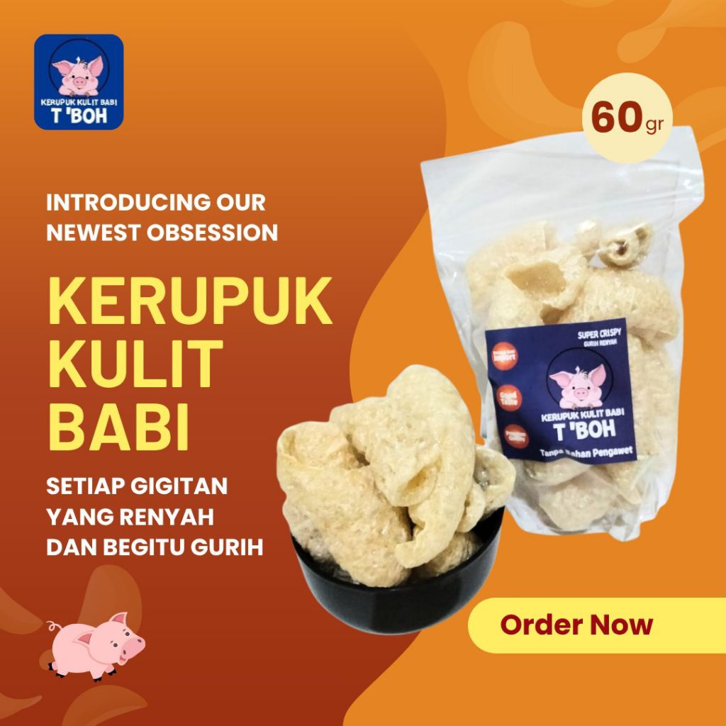 

KERUPUK KULIT BABI T'BOH IMPORT ISI BERSIH 60 GRAM CU JIU CHA/RAMBAK/KERUBI