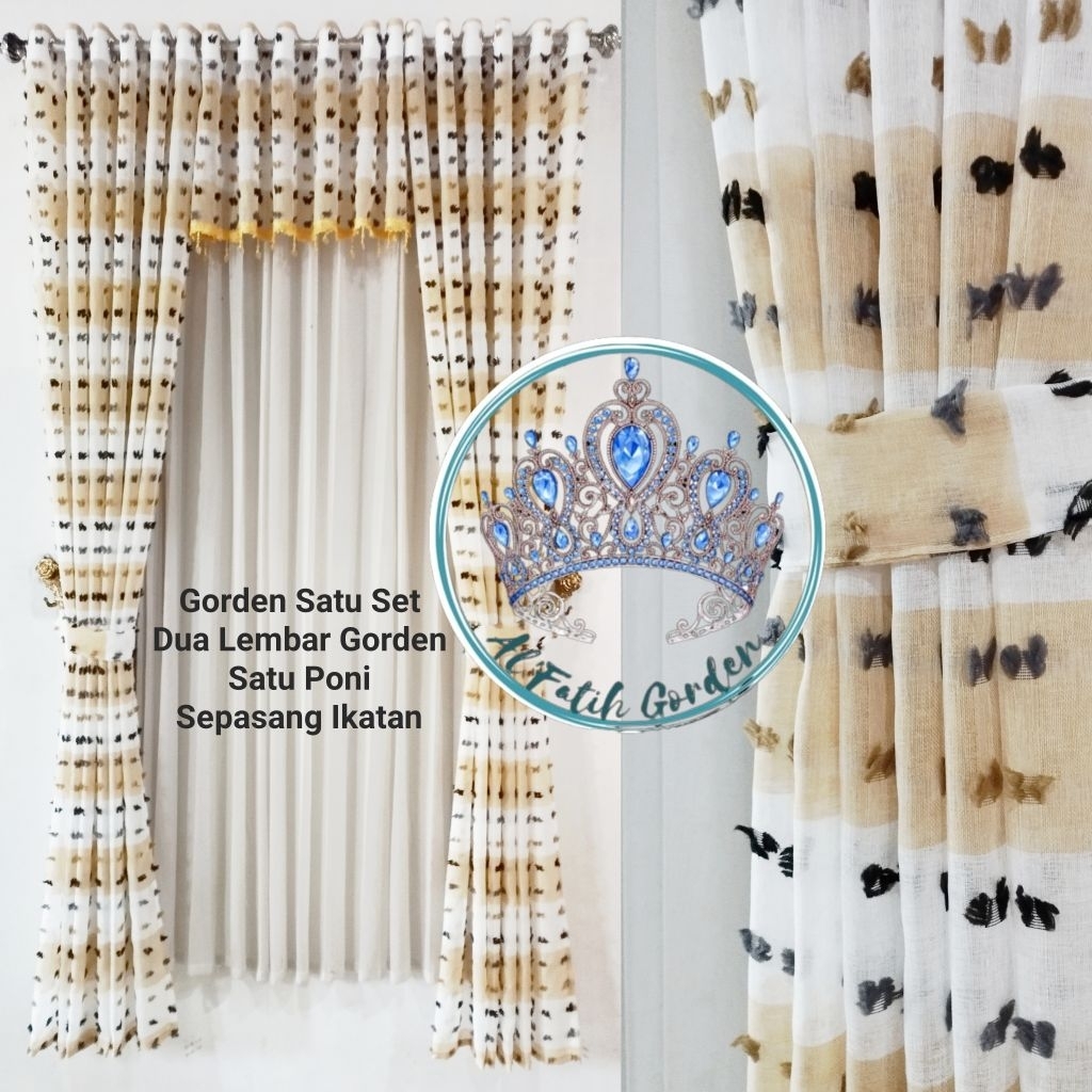 Gorden Satu Set Lengkap Dengan Poni Atas Pintu Ruang Tamu Gold Salur Cantik