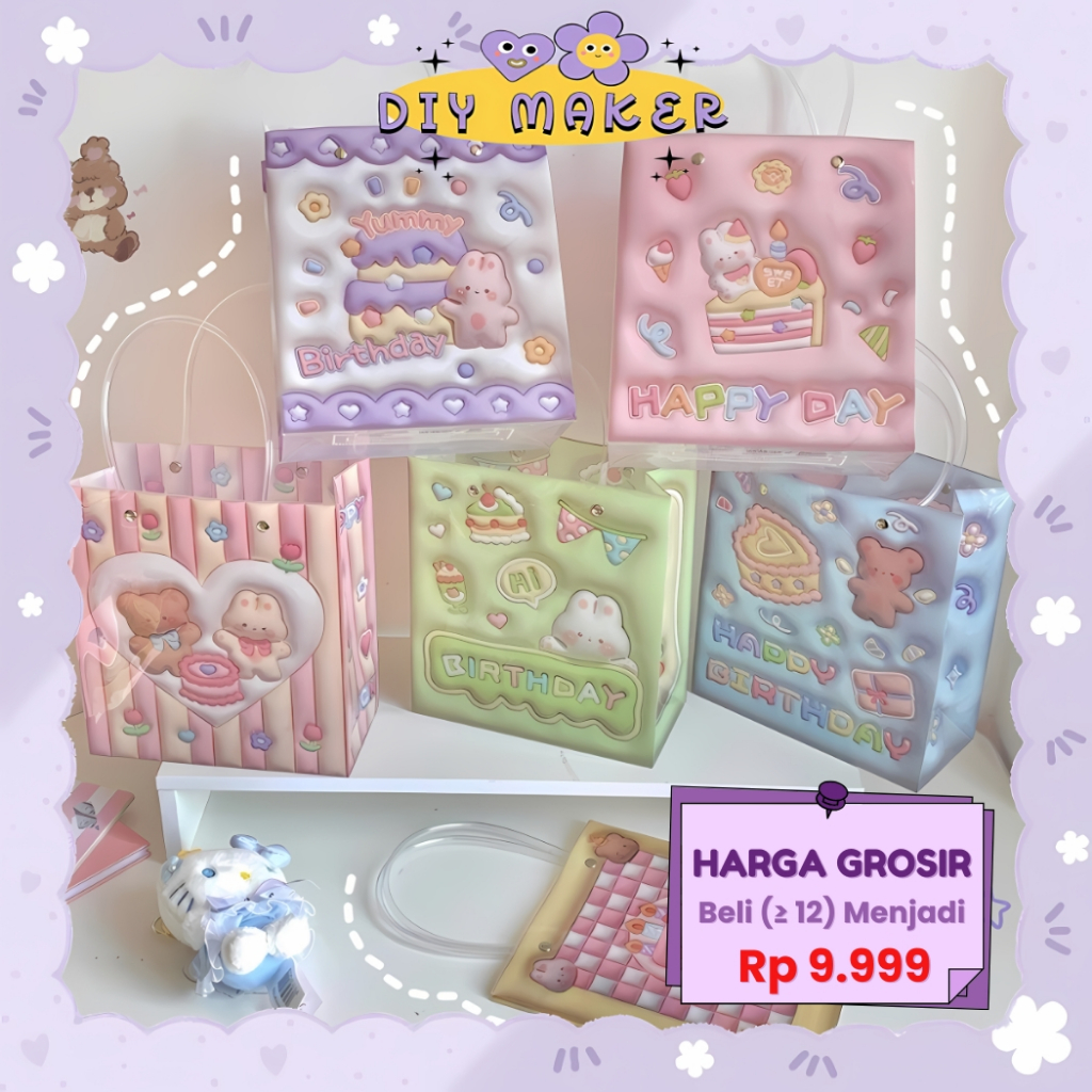 

DM Plastik Bag Tote Bag Tahan Air Tas Kado Hadiah Ulang Tahun Kartun Bear Paper Bag Aesthetic ST02