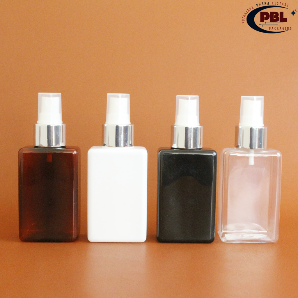 Botol Kotak 100ml Varian Warna / Botol Spray 100ml - Tutup Spray Alumunium Silver Neck 24 HalfCap / 