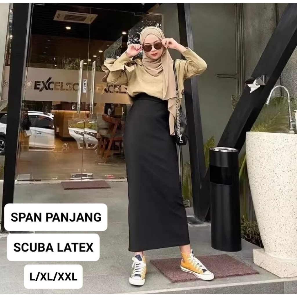 ROK SPAN PANJANG WANITA SCUBA LATEX TEBAL ADA BELAHAN(BAHAN TEBAL)