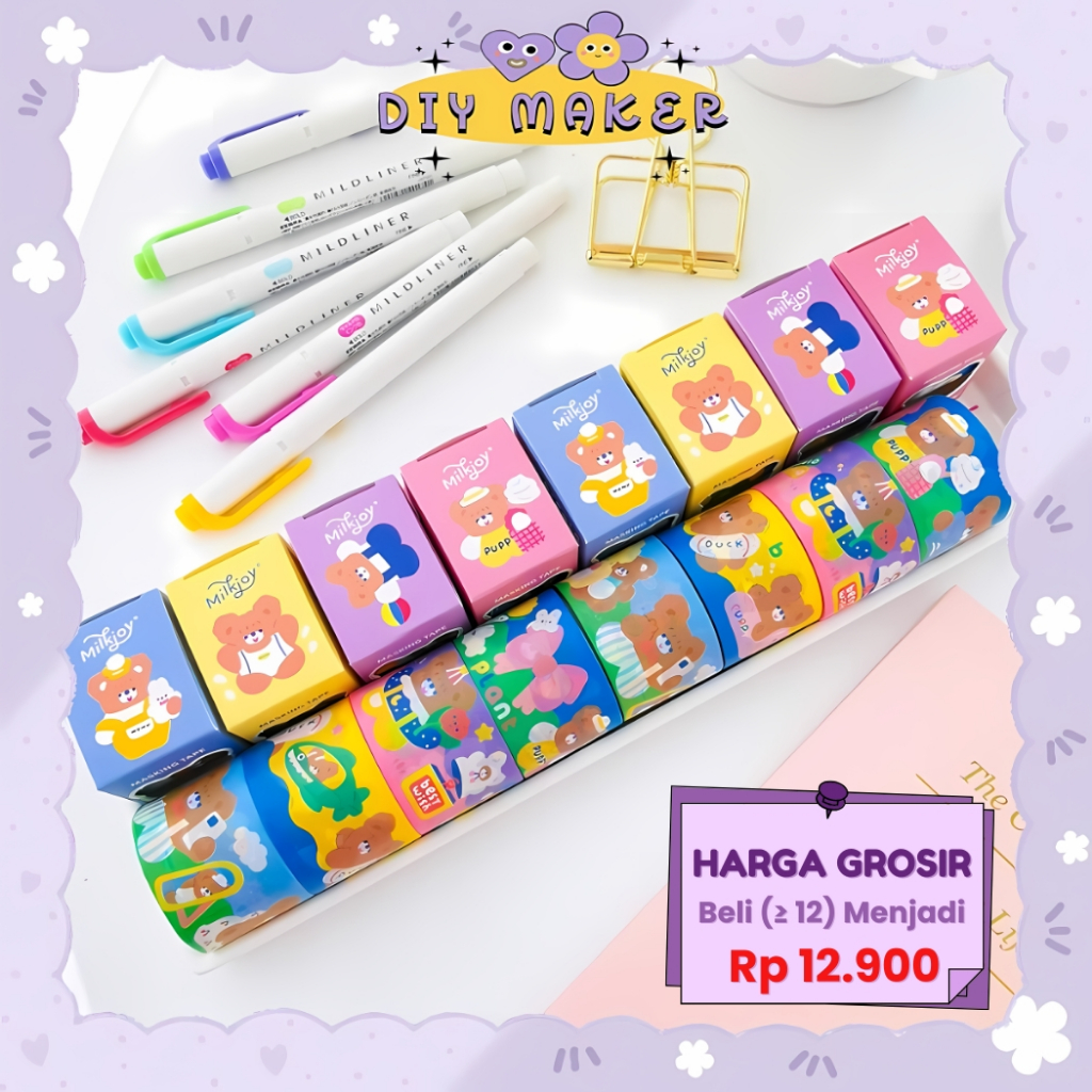

DM Washi Tape Milkjoy Cute Sticker Dekorasi Buku / Masking Tape Cake Bear 1 Pc Selotip Lakban Mini
